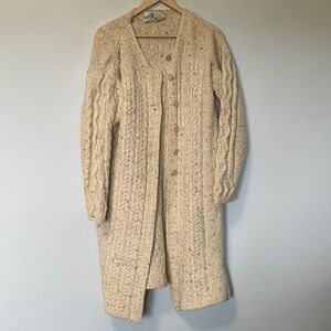 Donegal Knitters 100% Pure New Wool Cream Cable Knit Aran Cardigan Long Sweater